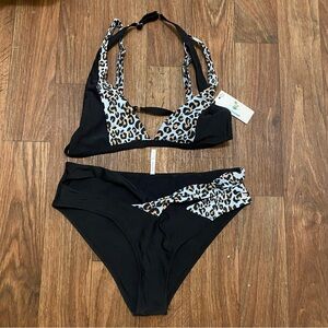 Beachsissy Womens 2 Pc Bikini Swimsuit XL Black & Leopard Print  NWT New